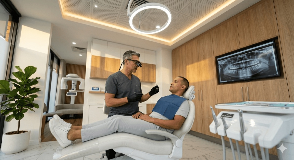 A dentist with a patient in a modern dental treatment room