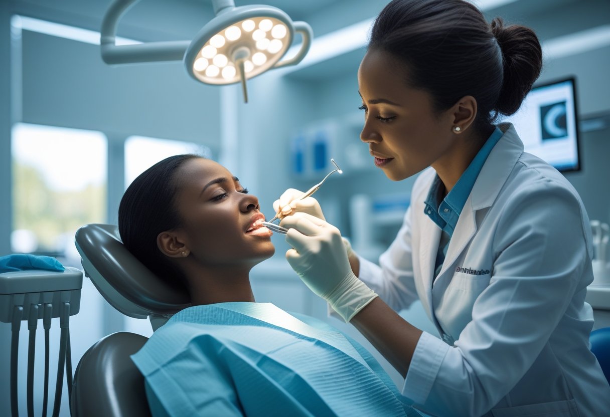 A dentist examining a smiling patient in a dental chair