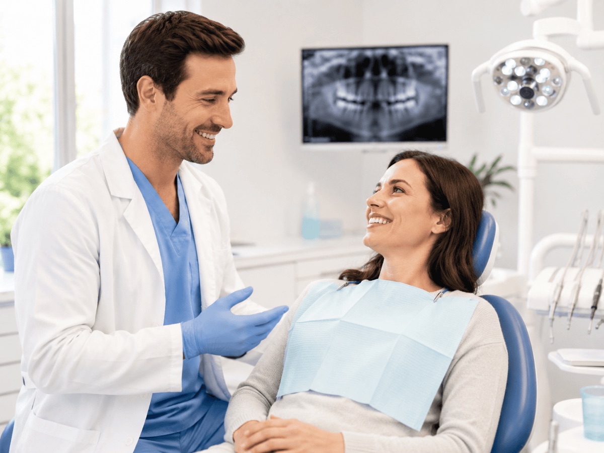 A dentist showing a smiling patient an X-ray in a dental office