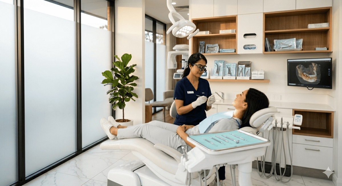 A dental assistant with a patient in a bright treatment room