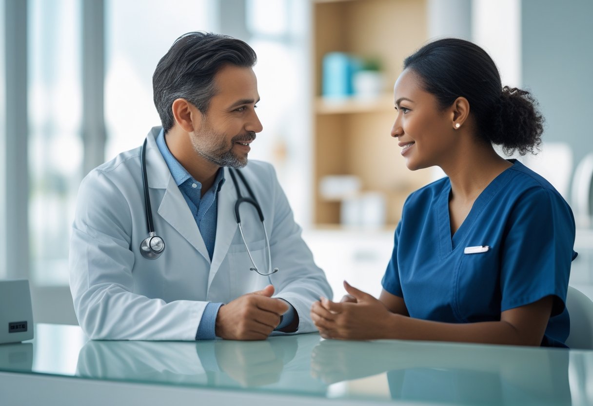 A doctor and a nurse talking in a clinic
