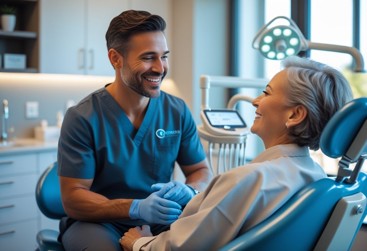 A dentist talking with a smiling older patient in a dental chair