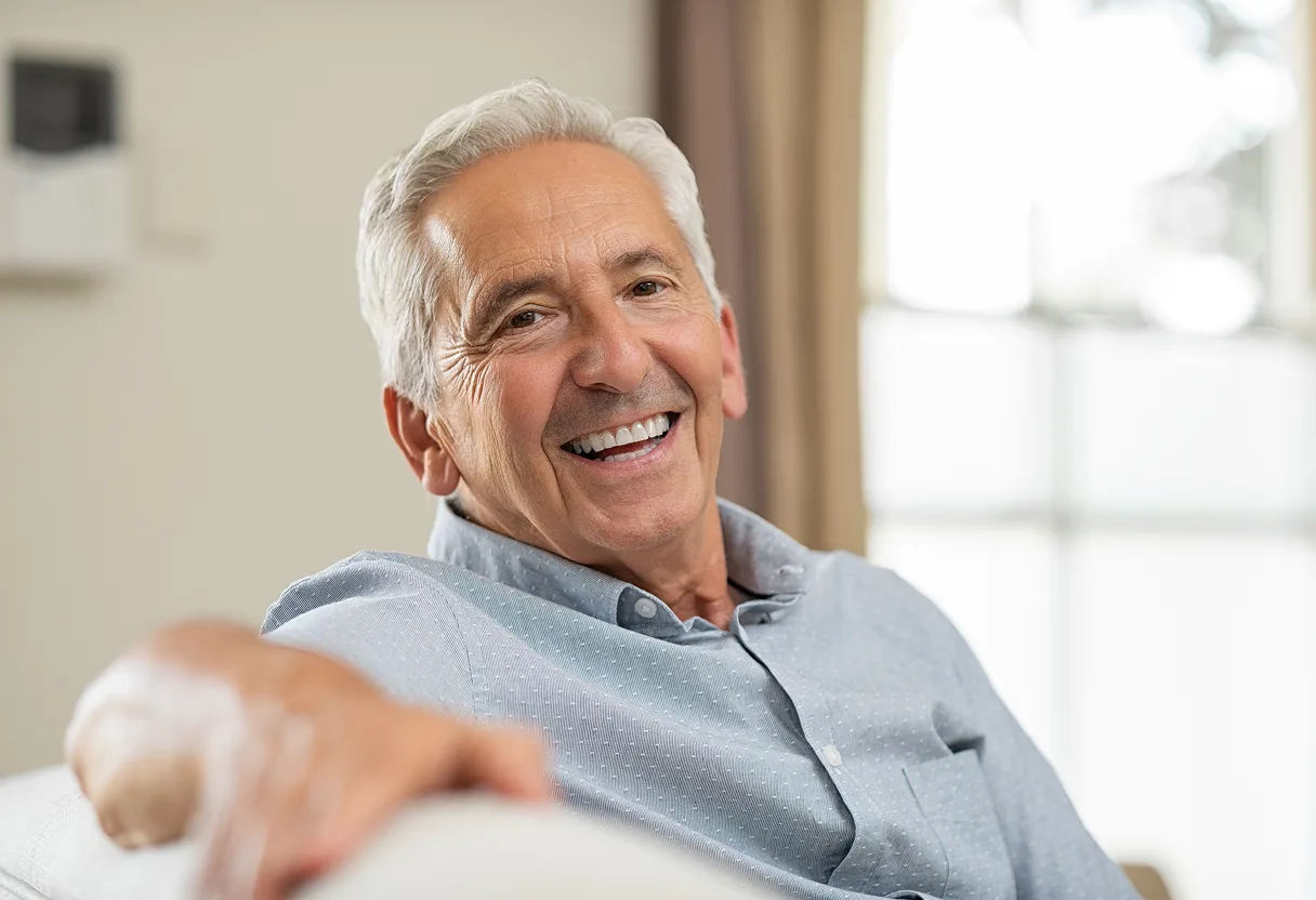 A dentist warmly interacting with a patient in a modern dental clinic.